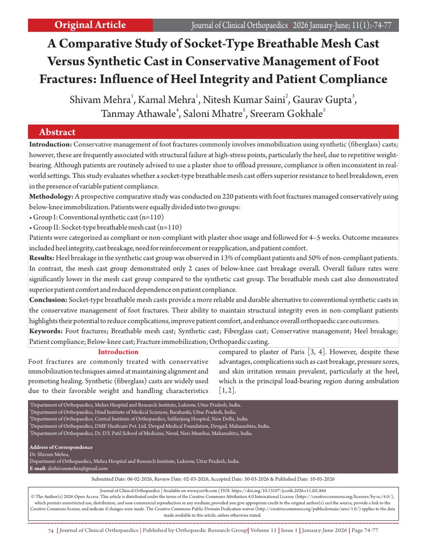 First page of A Comparative Study of Socket-Type Breathable Mesh Cast Versus Synthetic Cast in Conservative Management of Foot Fractures: Influence of Heel Integrity and Patient Compliance